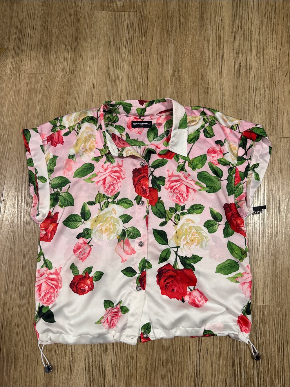 Karl Lagerfeld Floral Rose Print Short Sleeve Button-Up Top L